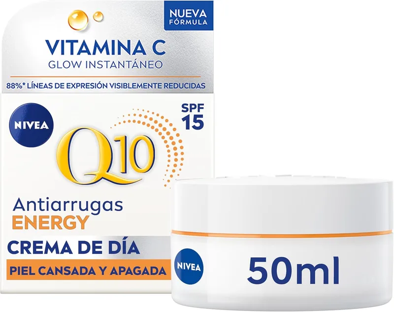 NIVEA ▫️ Q10 Anti-Rugas Energy - Creme de Dia Iluminador com SPF15 - Brilho instantâneo e pele uniforme - Q10 puro, 7x Vitamina C e Guaraná - Reduz as rídulas - Pele cansada e baça - 50 ml