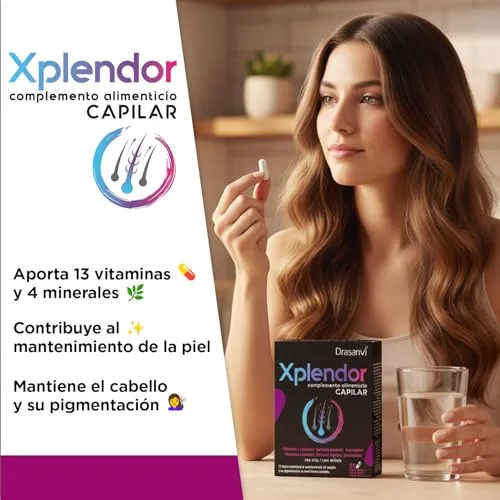 Drasanvi ▫️ XPLENDOR Capilar com 13 vitaminas, 4 minerais, aminoácidos e extratos vegetais | Para o cabelo e a sua pigmentação | Com milho-miúdo, rico em nutrientes e micronutrientes | 24 cápsulas = 24 dias 2