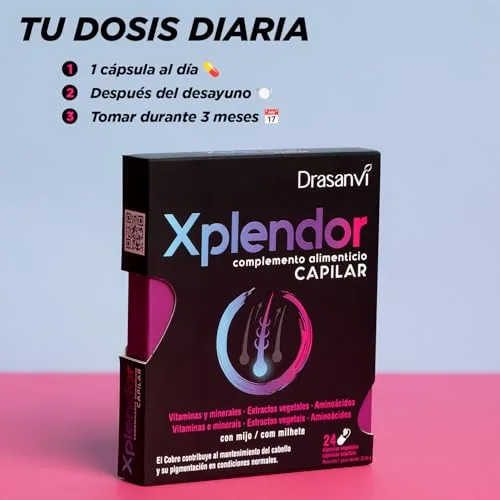Drasanvi ▫️ XPLENDOR Capilar com 13 vitaminas, 4 minerais, aminoácidos e extratos vegetais | Para o cabelo e a sua pigmentação | Com milho-miúdo, rico em nutrientes e micronutrientes | 24 cápsulas = 24 dias 3