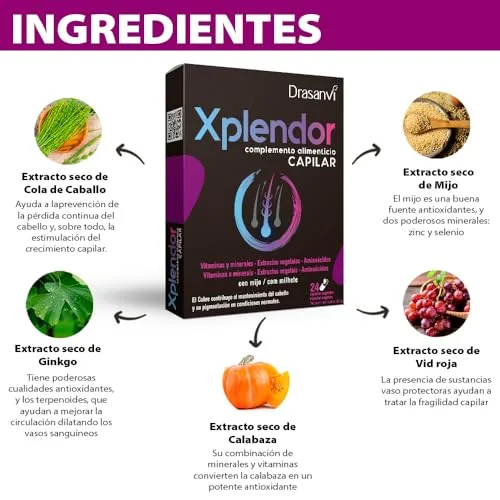 Drasanvi ▫️ XPLENDOR Capilar com 13 vitaminas, 4 minerais, aminoácidos e extratos vegetais | Para o cabelo e a sua pigmentação | Com milho-miúdo, rico em nutrientes e micronutrientes | 24 cápsulas = 24 dias 4