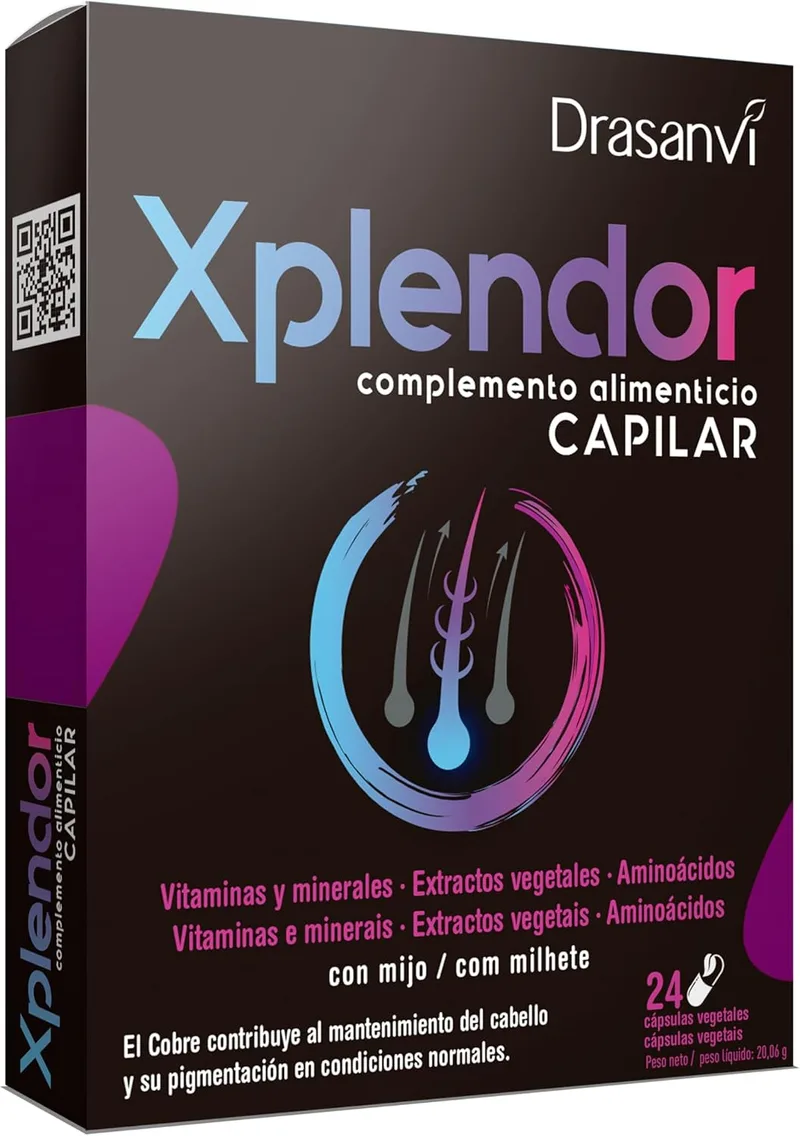 Drasanvi ▫️ XPLENDOR Capilar com 13 vitaminas, 4 minerais, aminoácidos e extratos vegetais | Para o cabelo e a sua pigmentação | Com milho-miúdo, rico em nutrientes e micronutrientes | 24 cápsulas = 24 dias