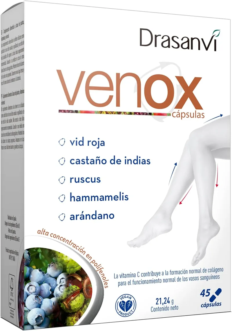 Drasanvi ▫️ VENOX Ajuda a melhorar a circulação, hamamélis, castanheiro-da-Índia e ruscus, elevada concentração de polifenóis, videira vermelha, Mirtilos e Groselha Preta, Enriquecido com Vitaminas, 45 cápsulas | Com Hamamélis, Castanheiro-da-Índia e Ruscus, Elevada concentração de polifenóis, Enriq