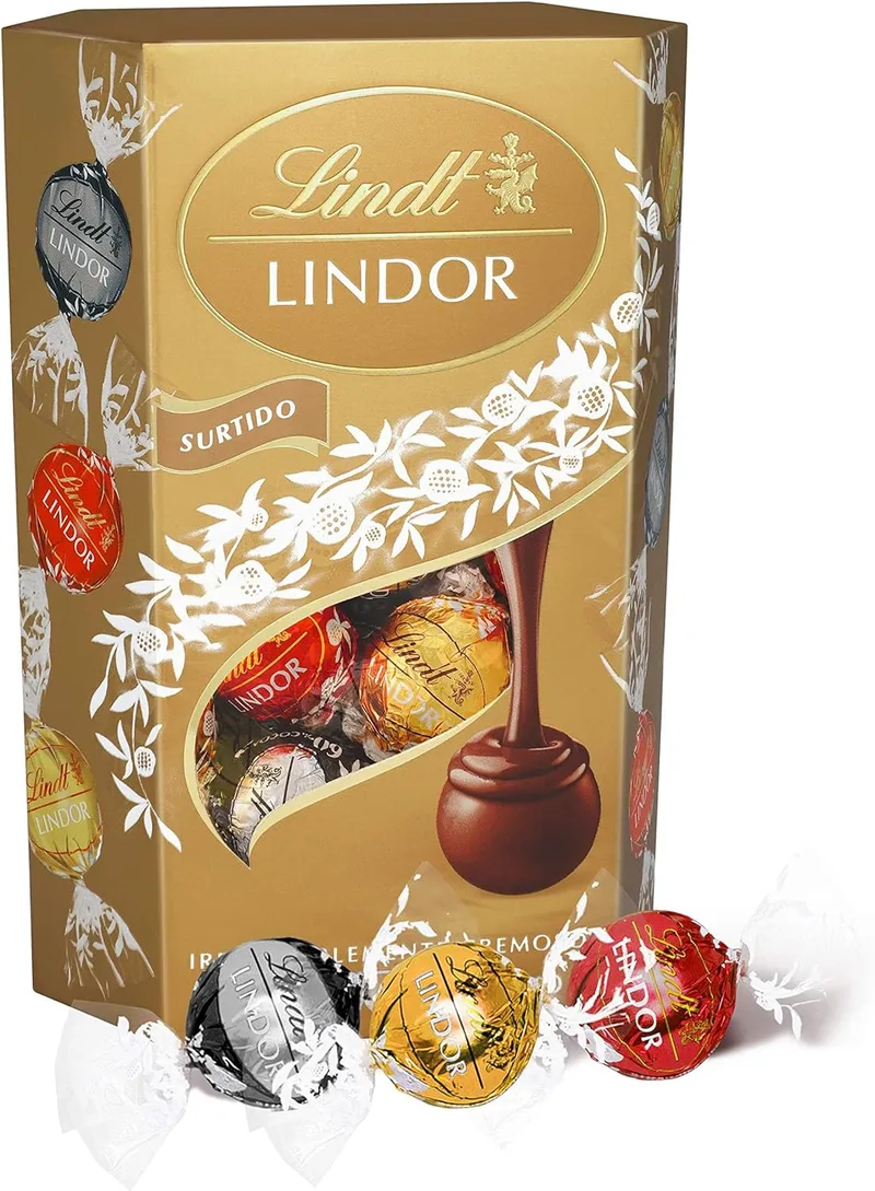 Lindt LINDOR inclui chocolates de chocolate negro 70% cacau, chocolate de leite, chocolate branco, deliciosos chocolates com interior de chocolate cremoso, 200g, aprox. 16 chocolates.