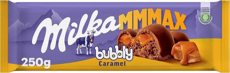 Milka ▫️ MMMAX Caramelo Borbulhante Big Tablete de Chocolate de Leite Alpino, Aerado com Bolhas e Recheio de Caramelo Líquido, 250 g