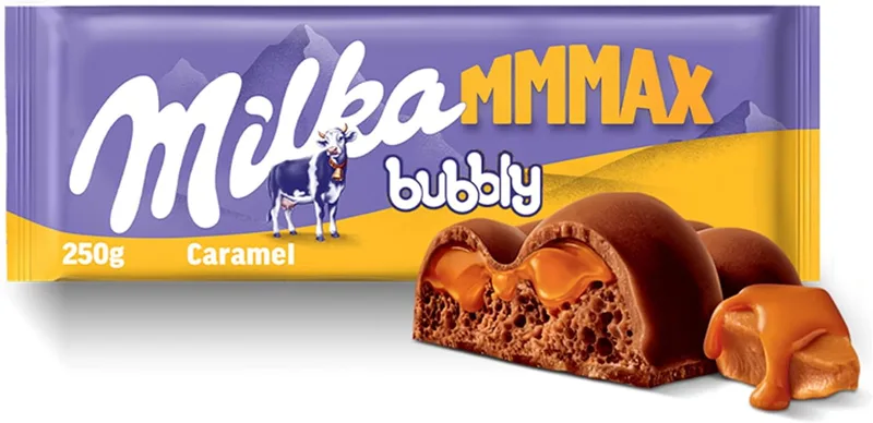 Milka ▫️ MMMAX Bubbly Caramelo, Chocolate de Leite e Recheio de Caramelo, 250 g