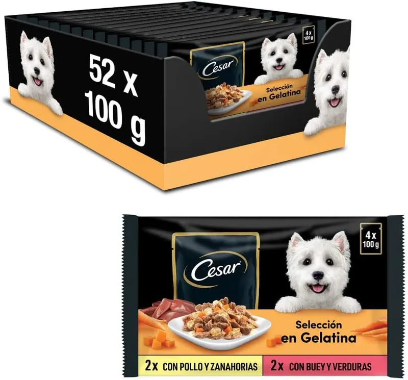 Cesar ▫️ Comida Húmida para Cães, Seleção de Carnes Mistas em Gelatina, Multipack (13 embalagens x 4 saquinhos x 100 g)