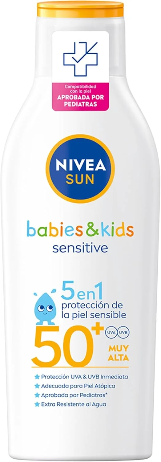 NIVEA SUN ▫️ Babies & Kids Sensitive Leite Solar para crianças FPS 50+ (1 x 200 ml), protetor solar infantil para pele sensível, creme solar para bebés resistente à água