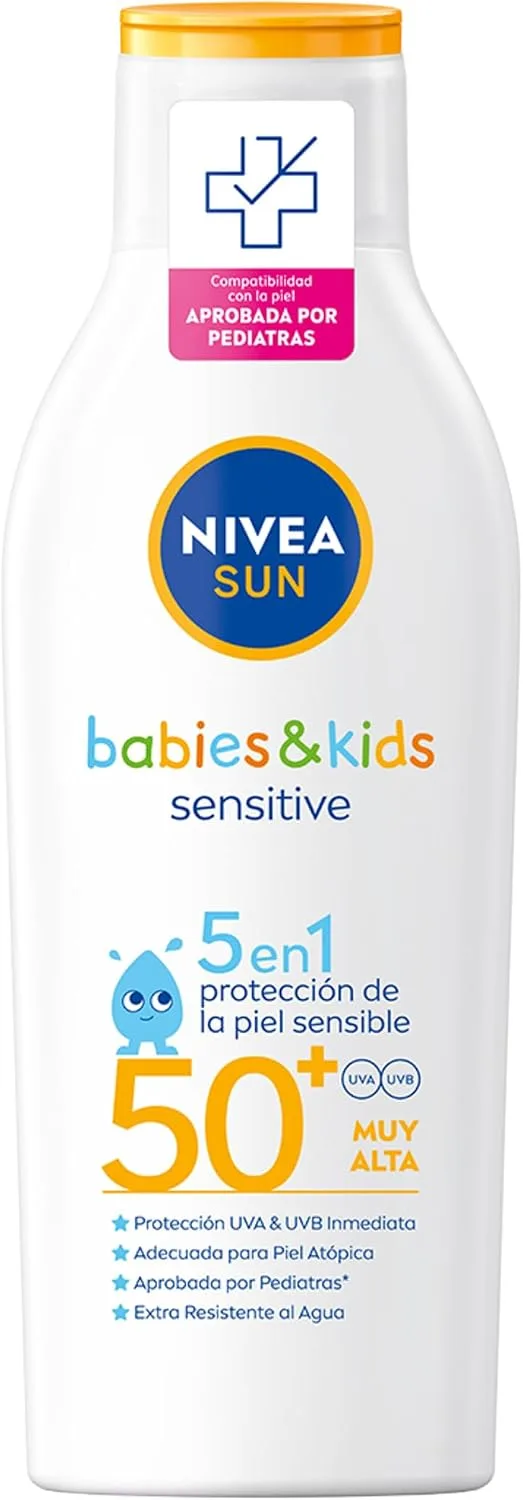 NIVEA SUN ▫️ Babies & Kids Sensitive Leite Solar para crianças FPS 50+ (1 x 200 ml), protetor solar infantil para pele sensível, creme solar para bebés resistente à água