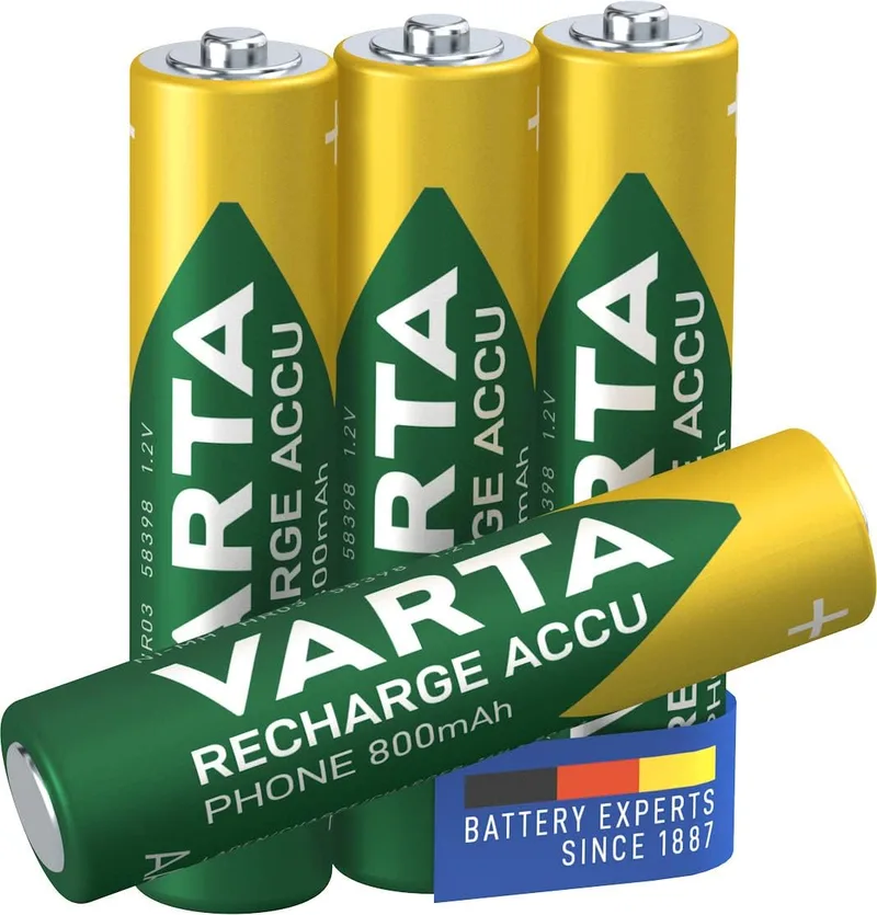Varta ▫️ Pilhas AAA, recarregáveis, embalagem de 4, Recharge Accu Phone, bateria recarregável, 800 mAh Ni-MH, prontas a usar, adequadas para telefones sem fios
