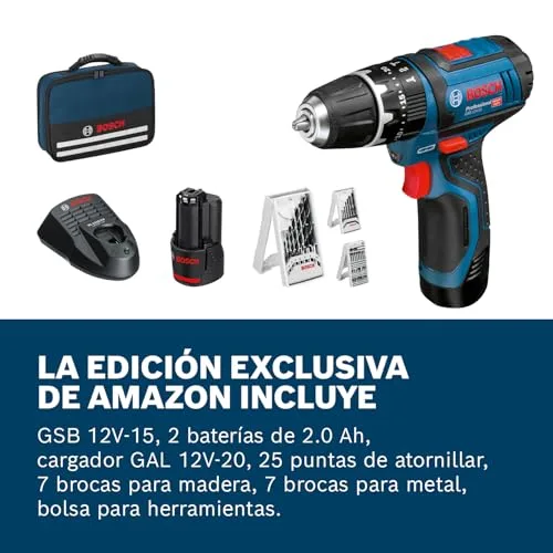 Bosch Professional ▫️ 12V System – Berbequim de percussão a bateria GSB 12V-15 (diâmetro máximo da broca para madeira: 19 mm, inclui 2 baterias de 2,0 Ah + carregador, 2 conjuntos de brocas, 1 conjunto de pontas, bolsa para ferramentas) – Conjunto exclusivo da Amazon 5