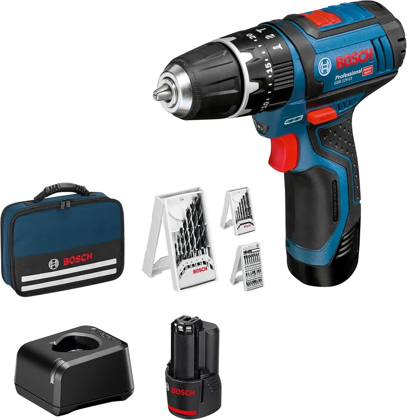 Bosch Professional ▫️ 12V System – Berbequim de percussão a bateria GSB 12V-15 (diâmetro máximo da broca para madeira: 19 mm, inclui 2 baterias de 2,0 Ah + carregador, 2 conjuntos de brocas, 1 conjunto de pontas, bolsa para ferramentas) – Conjunto exclusivo da Amazon