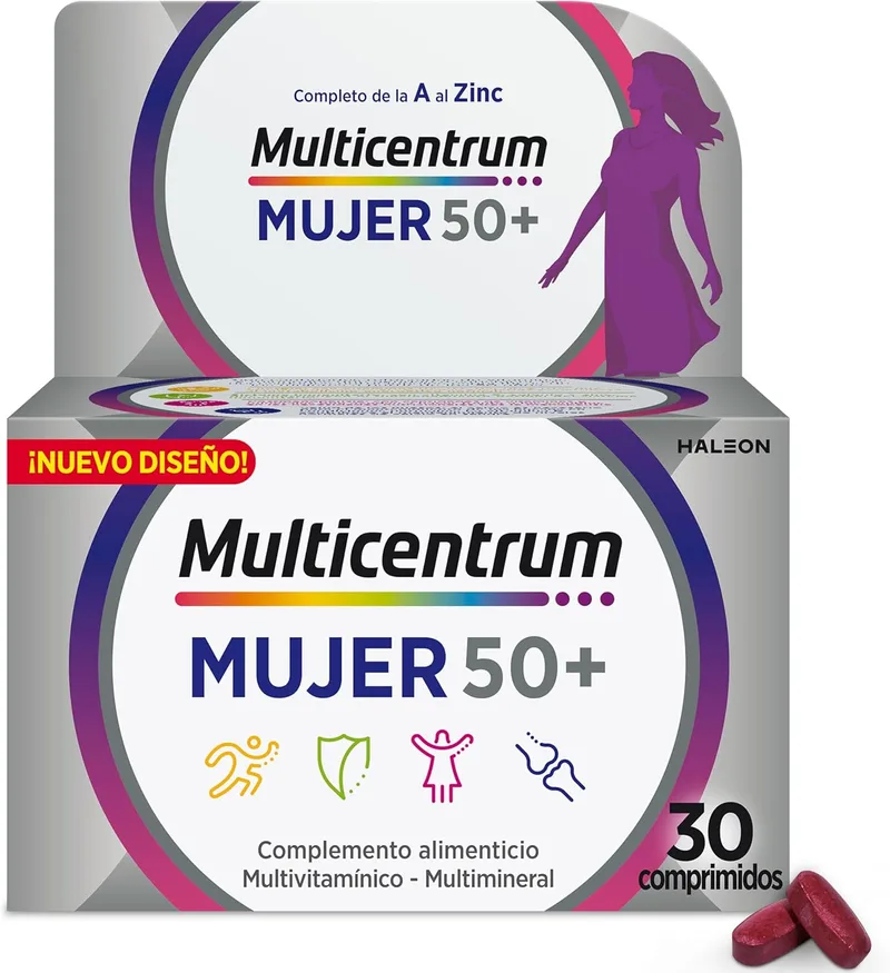 MULTICENTRUM ▫️ Mulher 50+ Suplemento alimentar multivitamínico e multimineral para mulheres com mais de 50 anos, com vitamina C e zinco; pós-menopausa, sem glúten, 30 comprimidos