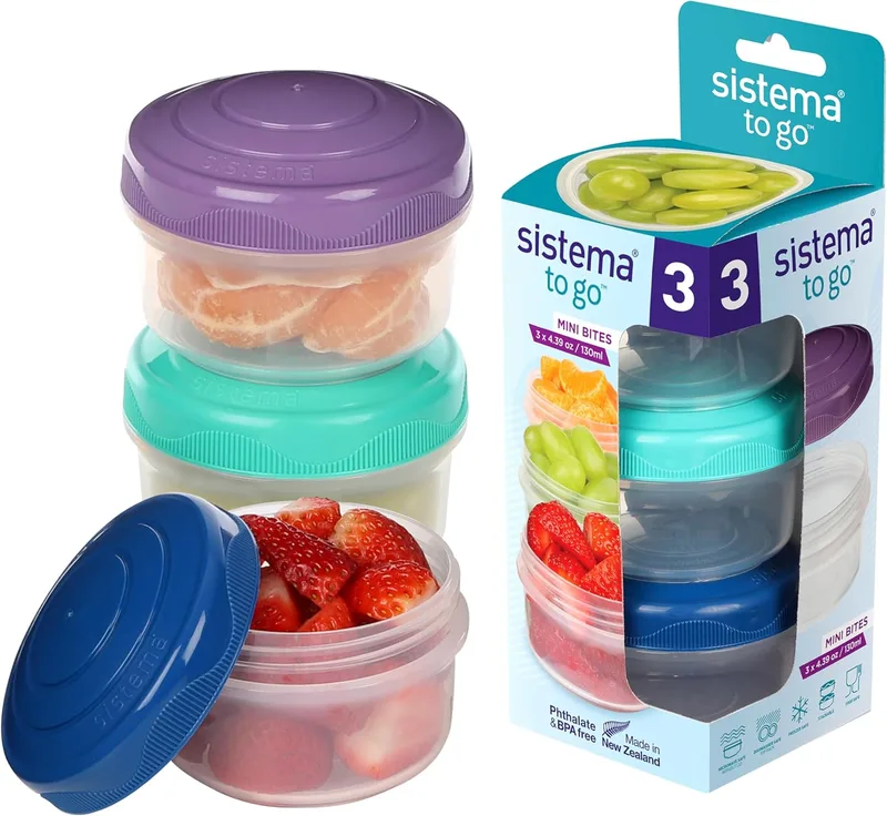 Sistema ▫️ Snack Pots Mini Bites TO GO | 130 ml | Recipientes empilháveis para aperitivos com tampas | Recipientes de plástico | Tampas verde-claro e azuis | 3 unidades