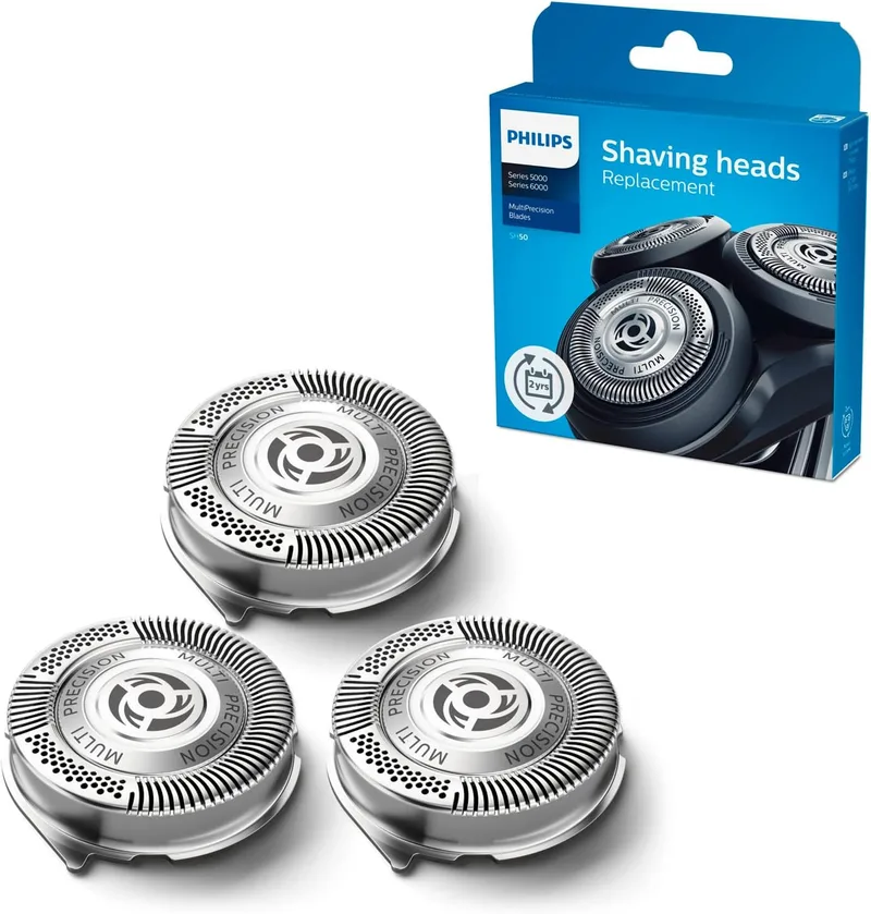 PHILIPS ▫️ Shaver Series 5000, Cabeças de substituição para barbeador elétrico, compatíveis com as séries de barbeadores 5000 e 6000, desempenho potente, auto-afiamento, 3 peças, modelo SH50/50