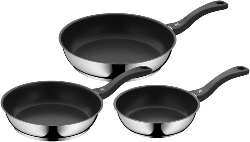 WMF ▫️ Devil - Conjunto de 3 frigideiras antiaderentes de 20-24-28 cm, frigideira em aço inoxidável com revestimento antiaderente, adequada para todos os tipos de fogões, incluindo os de indução, cor preta
