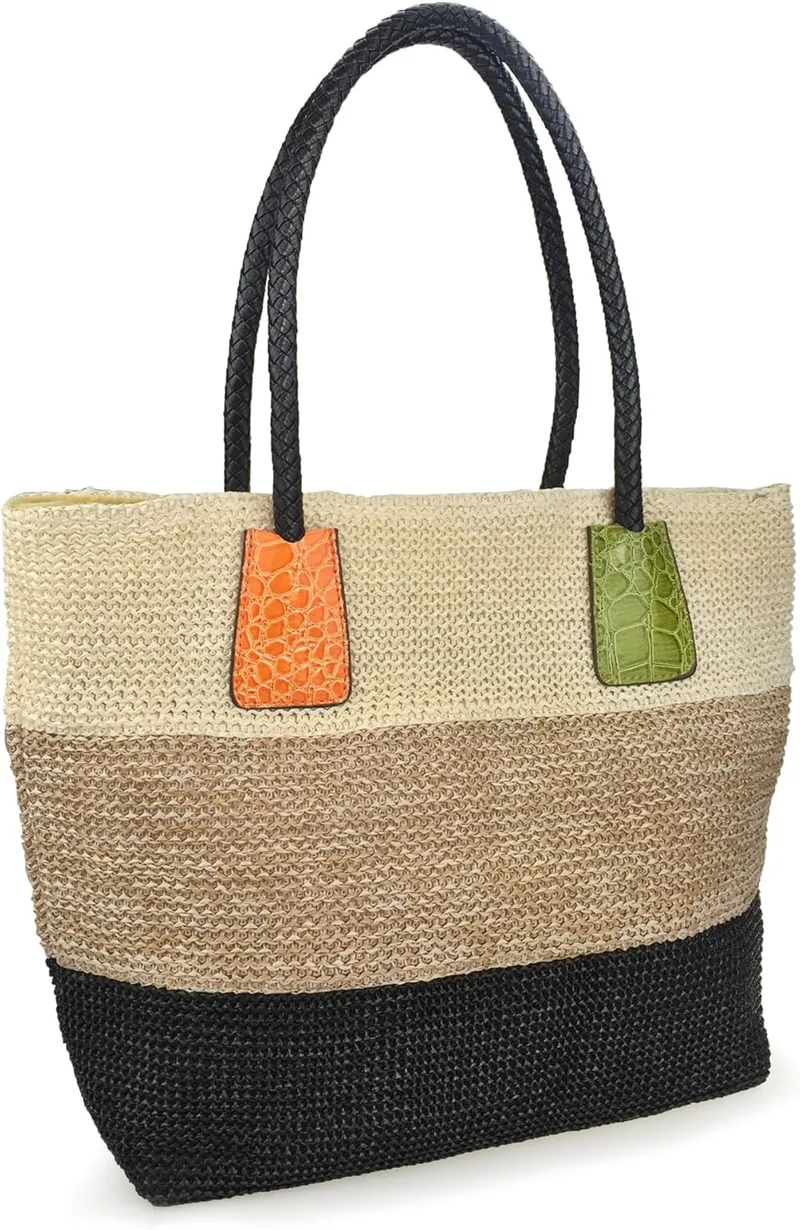 Hoxis ▫️ Bolsa de ombro para mulher com design de crocodilo e tiras de palha sintética tecida