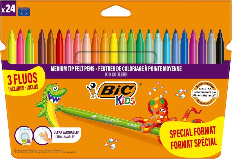 BIC ▫️ Kids - Kid Couleur Marcadores de ponta média, 24 unidades (embalagem de 1), Embalagem especial, Cores variadas