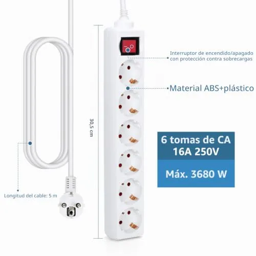 Aigostar ▫️ 177256 Cabo de extensão com régua de tomadas, 5 m, 6 tomadas e interruptor de desligamento 2