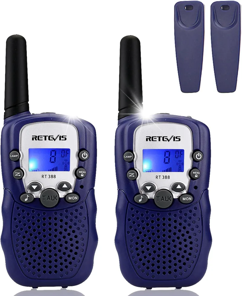 Retevis ▫️ RT388 Walkie-talkie para crianças PMR446, 8 canais, ecrã LCD, lanterna, função VOX, 10 tons de chamada, bloqueio de canais, walkie-talkie de brincar para crianças (azul escuro, 1 par)