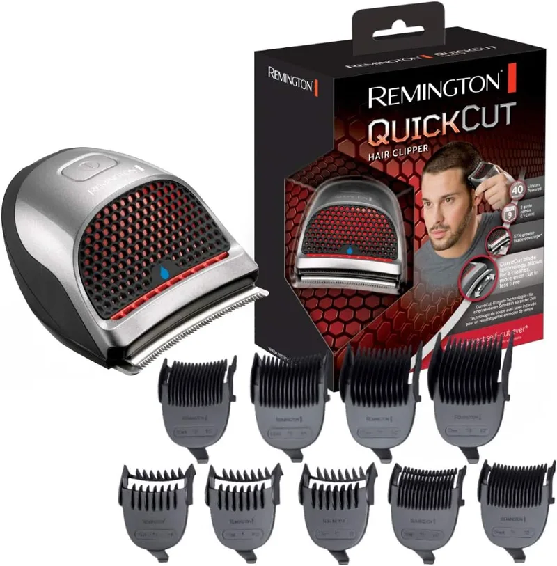 Remington ▫️ Máquina de cortar cabelo para homem com lâminas auto-afiáveis em aço inoxidável, tecnologia Curve-cut para utilização por conta própria, 0,5-15 mm, QuickCut com 9 pentes, cabo/bateria, lítio, estojo HC4250
