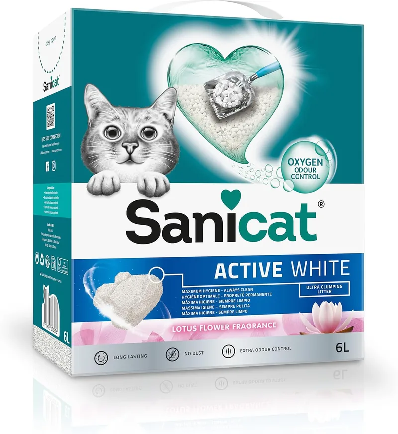 Sanicat ▫️ Areia aglomerante Active White com flor de lótus, fabricada a partir de minerais naturais com controlo de odores garantido, absorve a humidade e facilita a limpeza, capacidade de 6 L