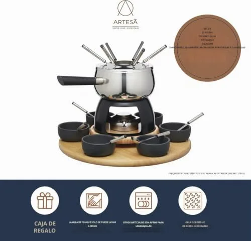 Artesa ▫️ Conjunto de fondue Artesà com prato giratório «Lazy Susan», panela de fondue em aço inoxidável com queimador, recipientes e utensílios, conjunto de 22 peças, preto 2