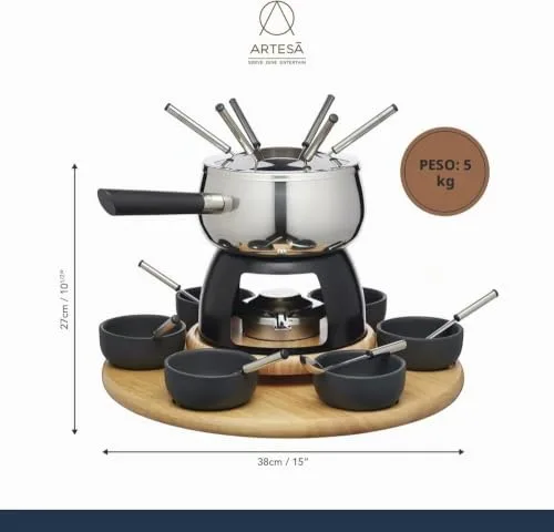 Artesa ▫️ Conjunto de fondue Artesà com prato giratório «Lazy Susan», panela de fondue em aço inoxidável com queimador, recipientes e utensílios, conjunto de 22 peças, preto 3