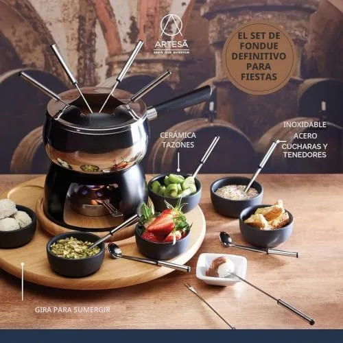 Artesa ▫️ Conjunto de fondue Artesà com prato giratório «Lazy Susan», panela de fondue em aço inoxidável com queimador, recipientes e utensílios, conjunto de 22 peças, preto 5