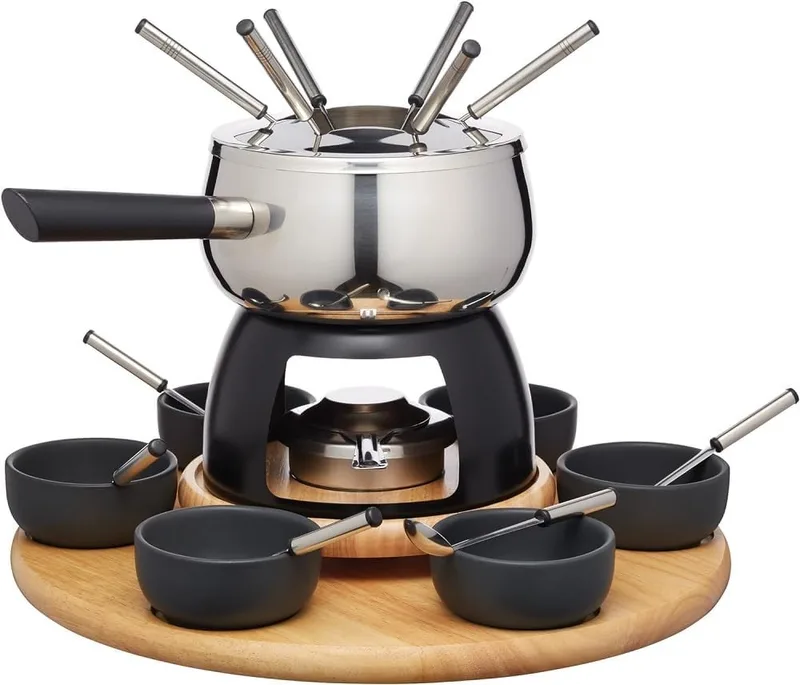 Artesa ▫️ Conjunto de fondue Artesà com prato giratório «Lazy Susan», panela de fondue em aço inoxidável com queimador, recipientes e utensílios, conjunto de 22 peças, preto