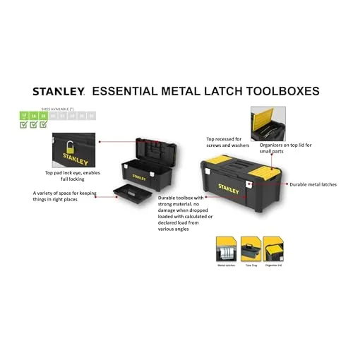 STANLEY ▫️ Caixa de ferramentas Essential, fechos metálicos, pega ergonómica, organizadores na tampa, tabuleiro removível - STST1-75515 5
