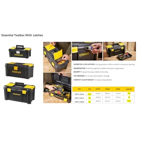 STANLEY ▫️ Caixa de ferramentas em plástico com fecho de plástico, 32 x 18,8 x 13,2 cm, pega ergonómica, organizadores na tampa, tabuleiro interior removível, orifício para cadeado, STST1-75514 4