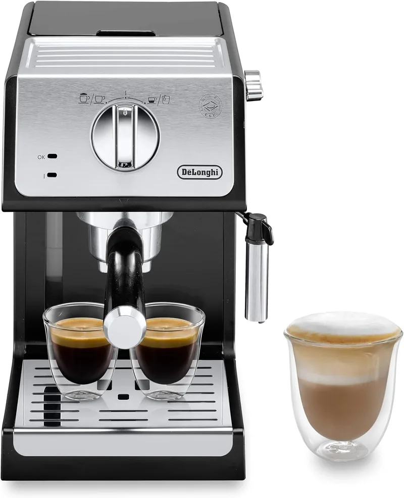 De'Longhi ▫️ Máquina de café tradicional com bomba para expresso e cappuccino, para café moído e cápsulas, 2 chávenas em simultâneo, depósito de água de 1,1 l, 1100 W, ECP 33.21, preto e prateado
