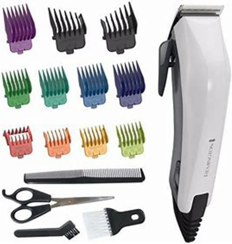 Remington ▫️ Máquina de Cortar Cabelo ColourCut - Máquina de cortar cabelo com fio, lâminas de aço inoxidável, 9 pentes, alavanca de seleção do comprimento, 4 acessórios: tesoura, pente, escova de limpeza e apoio para o pescoço - HC5035