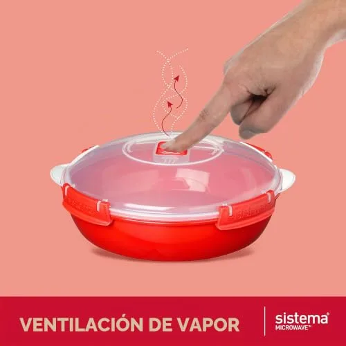 Sistema ▫️ de taça ou recipiente redondo para alimentos para micro-ondas | Vaporizador para alimentos de 1,3 l | Vermelho/transparente 3
