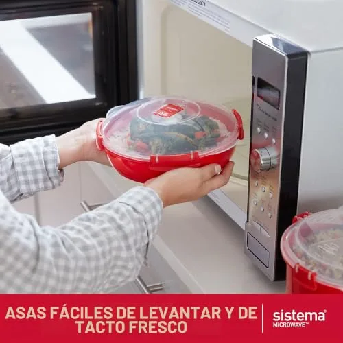 Sistema ▫️ de taça ou recipiente redondo para alimentos para micro-ondas | Vaporizador para alimentos de 1,3 l | Vermelho/transparente 4