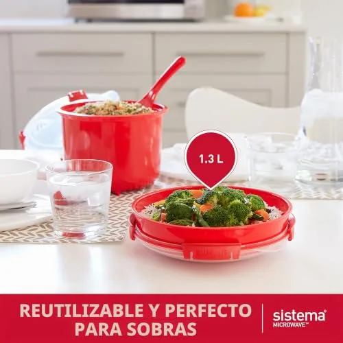 Sistema ▫️ de taça ou recipiente redondo para alimentos para micro-ondas | Vaporizador para alimentos de 1,3 l | Vermelho/transparente 5