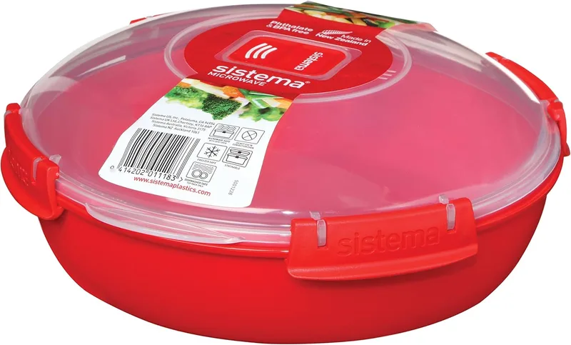 Sistema ▫️ de taça ou recipiente redondo para alimentos para micro-ondas | Vaporizador para alimentos de 1,3 l | Vermelho/transparente