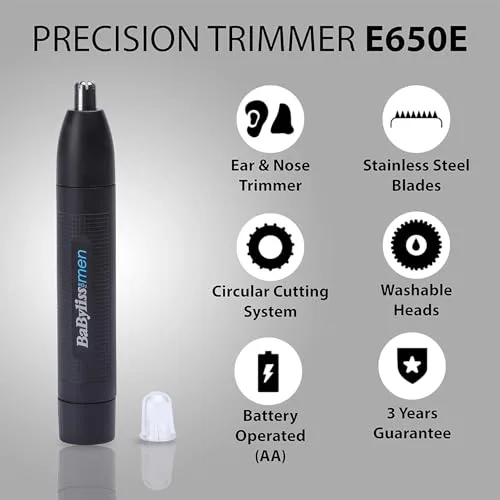 BaByliss ▫️ Aparador para o Nariz e as Orelhas - Sistema de 2 lâminas precisas, Funciona a pilhas, Aço inoxidável, Acessórios removíveis de fácil limpeza, Presente para homens, Preto, E650E 6