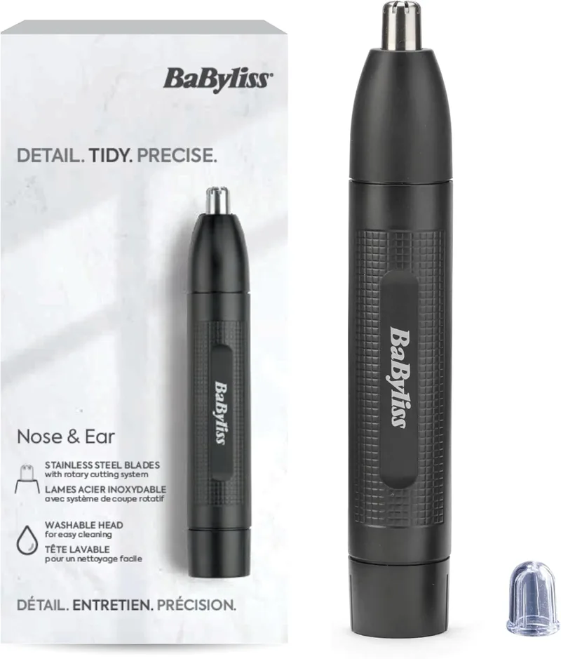 BaByliss ▫️ Aparador para o Nariz e as Orelhas - Sistema de 2 lâminas precisas, Funciona a pilhas, Aço inoxidável, Acessórios removíveis de fácil limpeza, Presente para homens, Preto, E650E