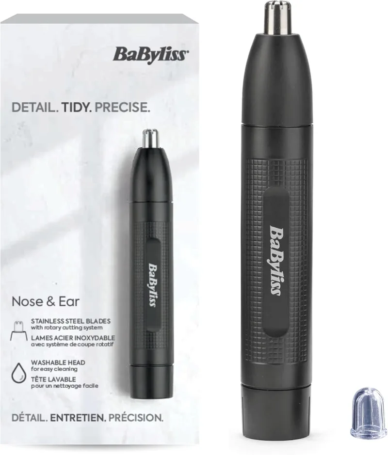 BaByliss ▫️ Aparador para Nariz e Orelhas - Sistema de 2 lâminas precisas, Funciona a pilhas, Aço inoxidável, Acessórios removíveis de fácil limpeza, Presente para homens, Preto, E650E