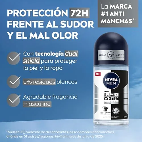 NIVEA MEN ▫️ Black & White Invisible Original - Desodorizante Invisível para Homem em roll-on - 72 horas de proteção antitranspirante - Sem álcool - Combate ao suor, ao odor, às manchas, à irritação e aos resíduos - Embalagem com 6 x 50 ml 2
