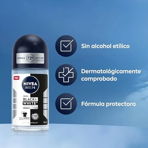 NIVEA MEN ▫️ Black & White Invisible Original - Desodorizante Invisível para Homem em roll-on - 72 horas de proteção antitranspirante - Sem álcool - Combate ao suor, ao odor, às manchas, à irritação e aos resíduos - Embalagem com 6 x 50 ml 4