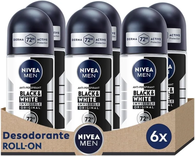 NIVEA MEN ▫️ Black & White Invisible Original - Desodorizante Invisível para Homem em roll-on - 72 horas de proteção antitranspirante - Sem álcool - Combate ao suor, ao odor, às manchas, à irritação e aos resíduos - Embalagem com 6 x 50 ml