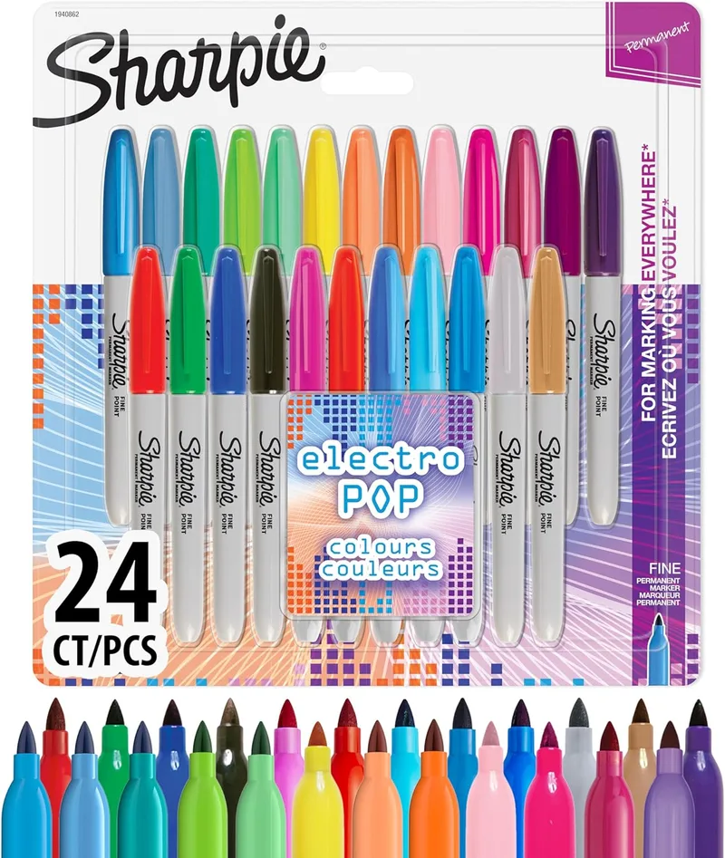 Sharpie ▫️ Marcadores permanentes Electro Pop | ponta fina | cores especiais sortidas | embalagem de 24 marcadores | material escolar ideal