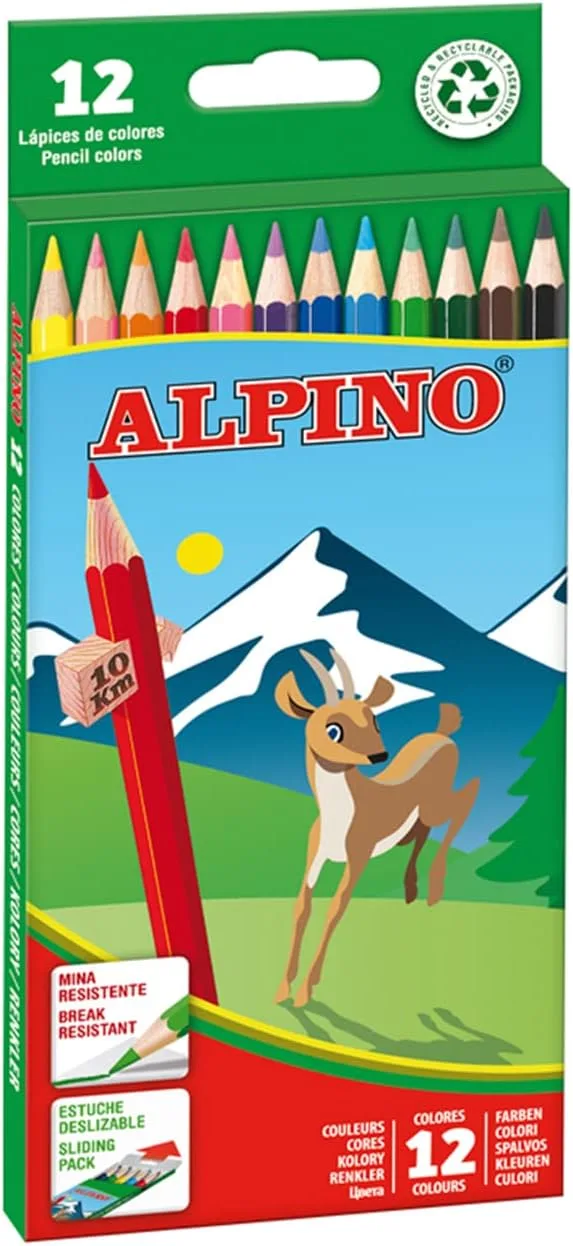 Alpino ▫️ Lápis de cor 12 unidades | Lápis de cor para crianças | Desenhar e colorir com cores vivas e brilhantes | Material escolar | Estojo de lápis de cor