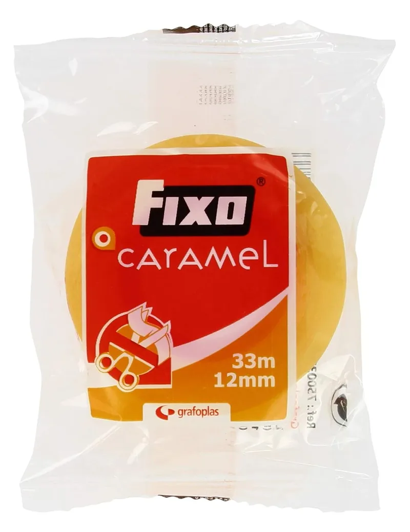 FIXO ▫️ Caramel 75003000. Fita adesiva transparente, 33 m x 12 mm, alta resistência, fácil de cortar