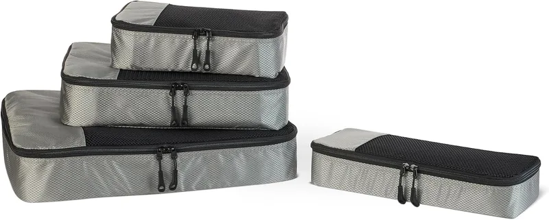 Amazon Essentials ▫️ Conjunto de 4 sacos de viagem, organizador de bagagem com fecho duplo, parte superior em malha, 100% poliéster, pequeno/médio/grande/fino, cinzento (anteriormente Amazon Basics)
