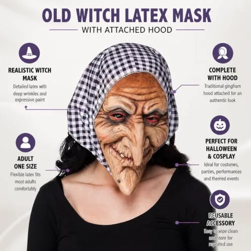 Boland ▫️ 97508 - Máscara de látex de bruxa com capuz, tamanho único, adulto, acessório, máscaras de látex, fantasia, bruxas, Carnaval, festa temática, Halloween 2