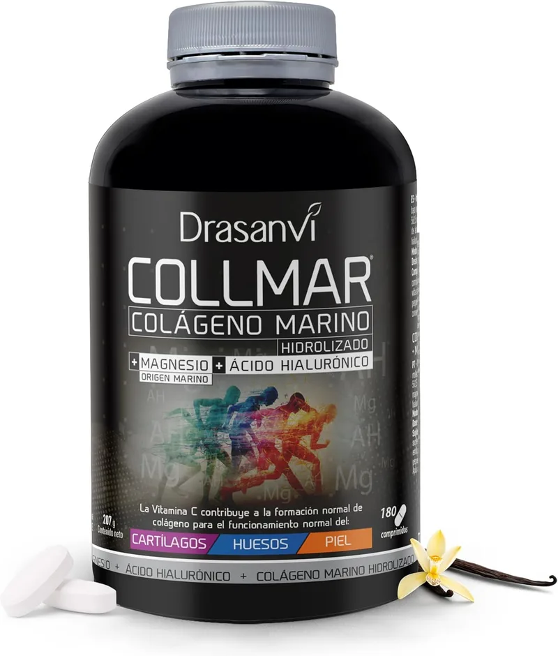 Drasanvi ▫️ COLLMAR Colagénio Marinho Hidrolisado com Ácido Hialurónico, Magnésio e Vitamina C natural | para cartilagens, ossos e pele | Dose elevada de 3 900 mg/dia | 180 comprimidos = 30 dias | Sabor a baunilha