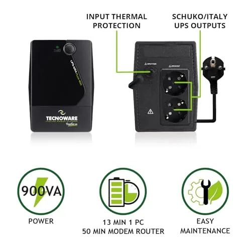 Tecnoware Power Systems ▫️ UPS 900VA para PC/Modem, NÃO para jogos/consolas, SAI ERA PLUS, 2 tomadas Schuko, protege contra cortes de energia e picos de tensão em PC, modem, videovigilância, TPV, NAS, POS 2